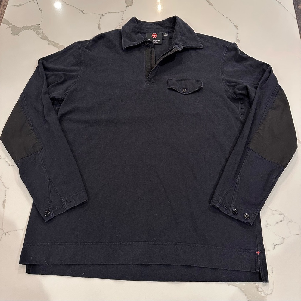 Vintage Victorinox Navy Blue Polo Rugby Shirt Mens L Elbow Pad 1/4 Zip Outdoor